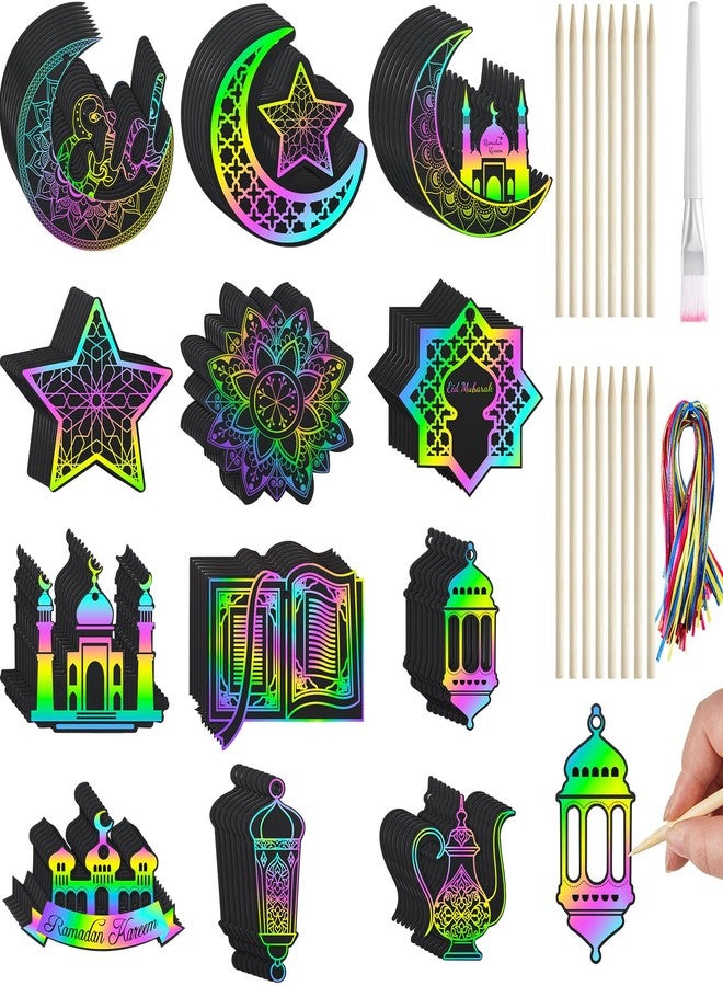 مجموعة ورق خدش رمضان من هولوفلاي، 96 قطعة، بطاقات خدش ورقية لعيد مبارك، أشغال يدوية للعيد، زينة قوس قزح معلقة يمكنك صنعها بنفسك لحفلات رمضان، أنشطة عيد مبارك، لوازم الرسم والديكور - Image 1